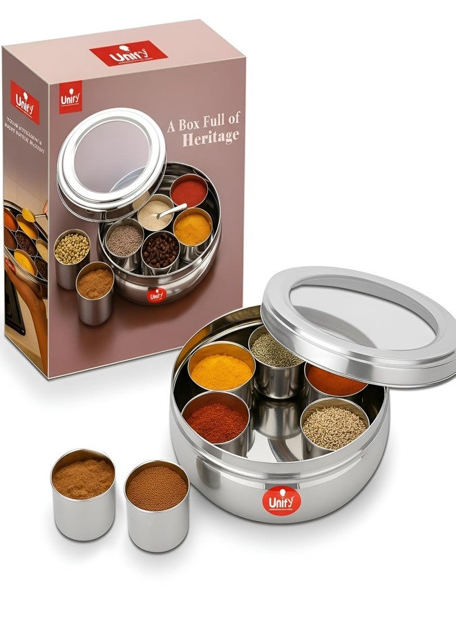 Unify Stainless Steel Masala Box | See Through Airtight Lid | 7 Spice Containers With Small Spoon | Masala Dabba For Kitchen | Spice Box for Kitchen Storage | Masala Dani Container (1200 ml, Silver) - Image 1